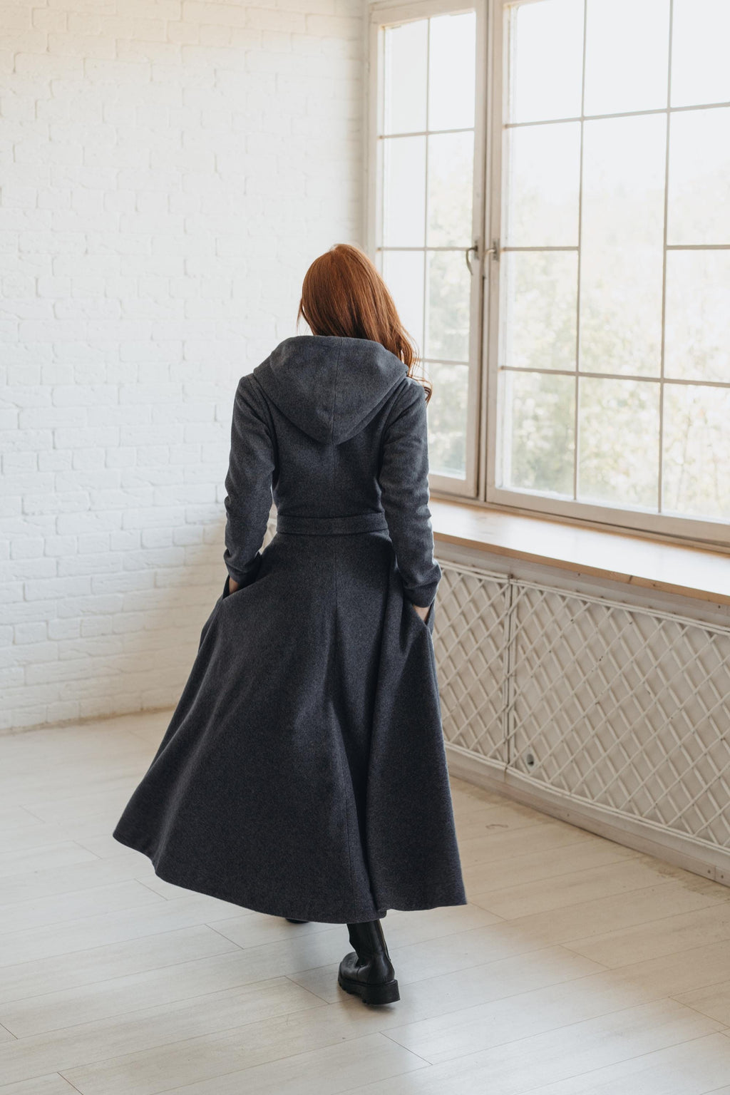 Long Wool Coat for Women - Hooded, Belted, Pockets, Lining, Winter Clothing
