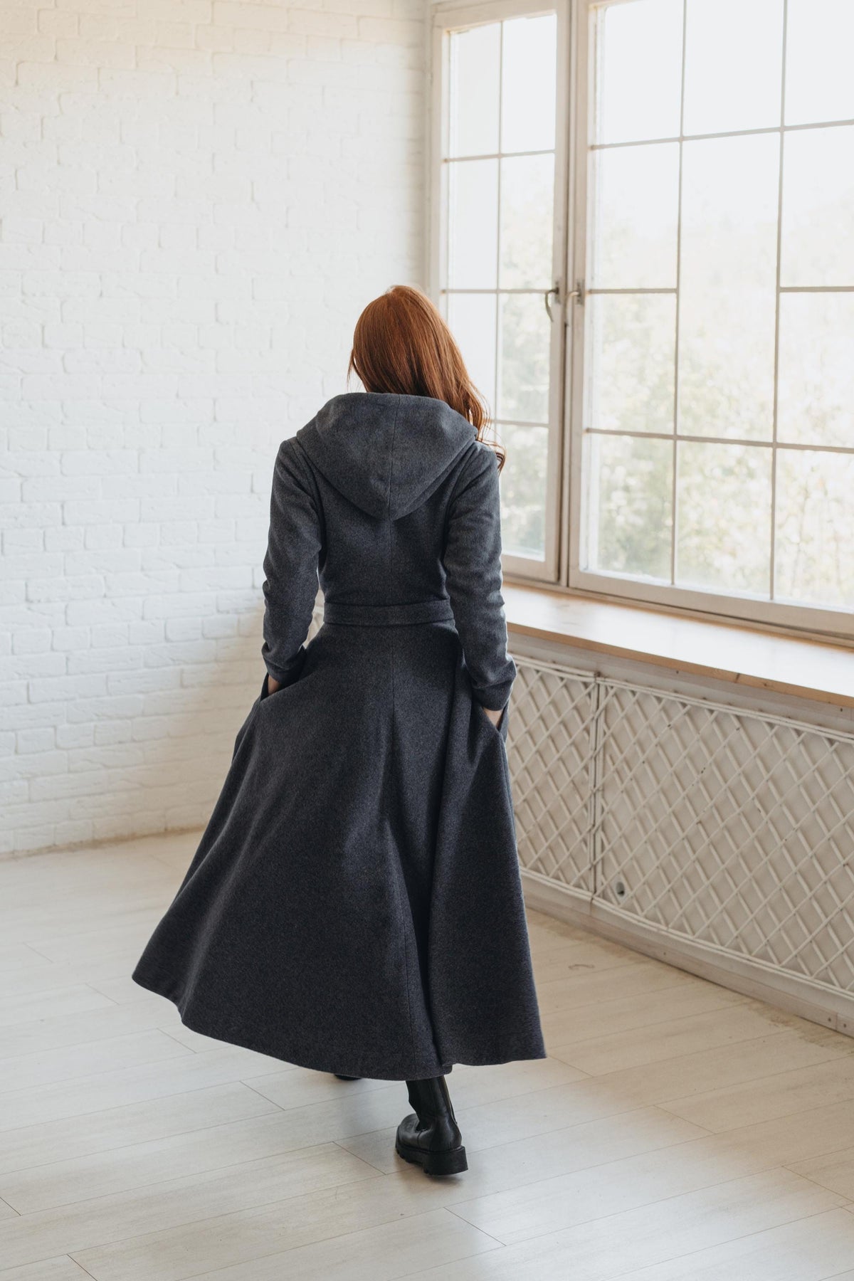Long Wool Coat for Women - Hooded, Belted, Pockets, Lining, Winter Clothing