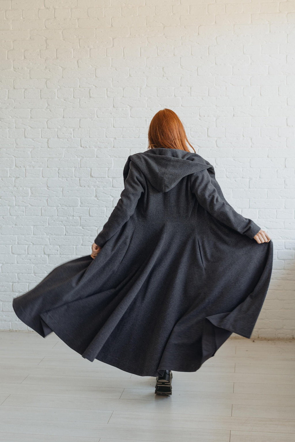 Long Wool Coat for Women - Hooded, Belted, Pockets, Lining, Winter Clothing