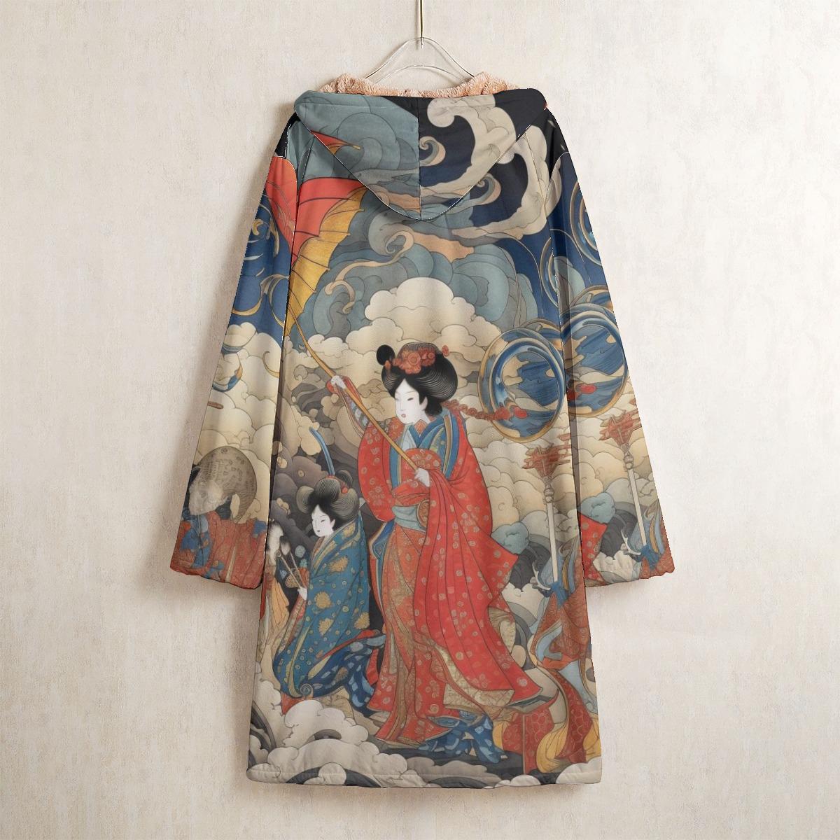 Ukiyo-e Japanese Art Fleece Coat, Geisha Kimono Windbreaker, Horn Button coat, Asian Traditional Painting Coat, Warm Winter Hooded Cardigan