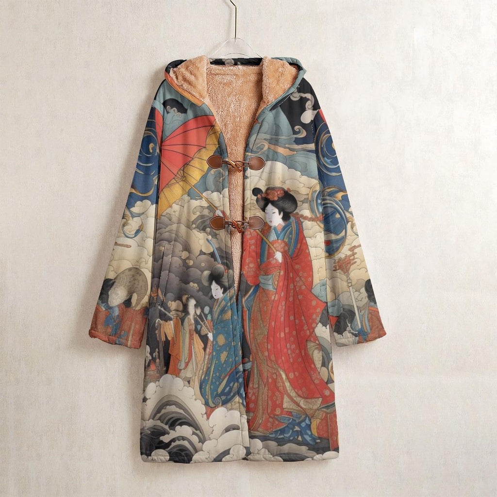 Ukiyo-e Japanese Art Fleece Coat, Geisha Kimono Windbreaker, Horn Button coat, Asian Traditional Painting Coat, Warm Winter Hooded Cardigan