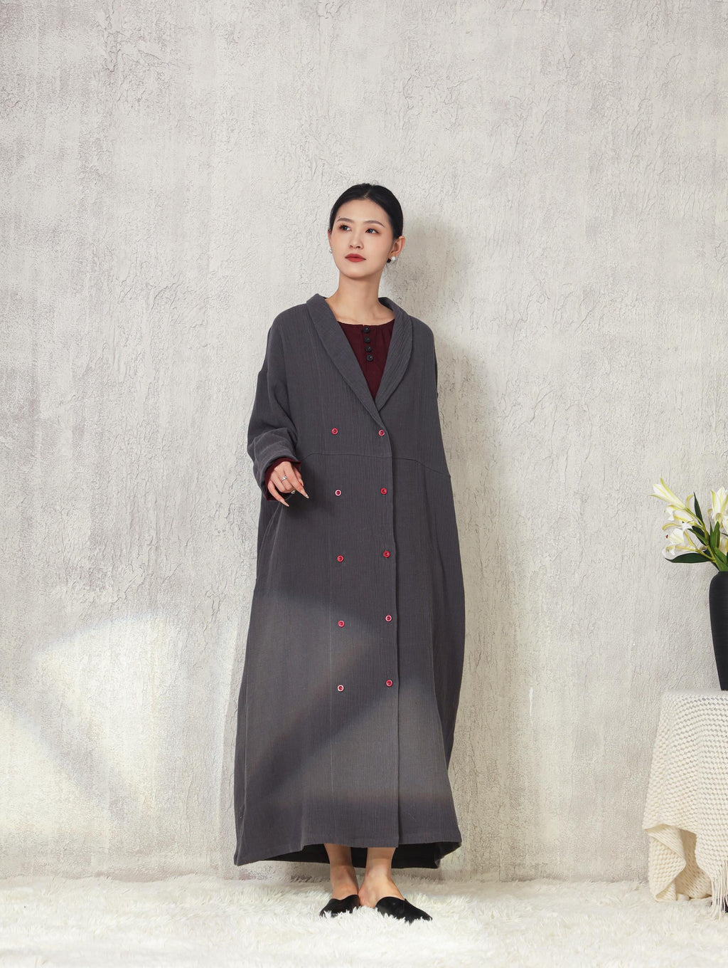 Custom Double-breasted Trench Coat Soft Heavy Linen Cotton Long Coat with Pockets Spring Fall Plus Size Coat Vintage Jacket M06