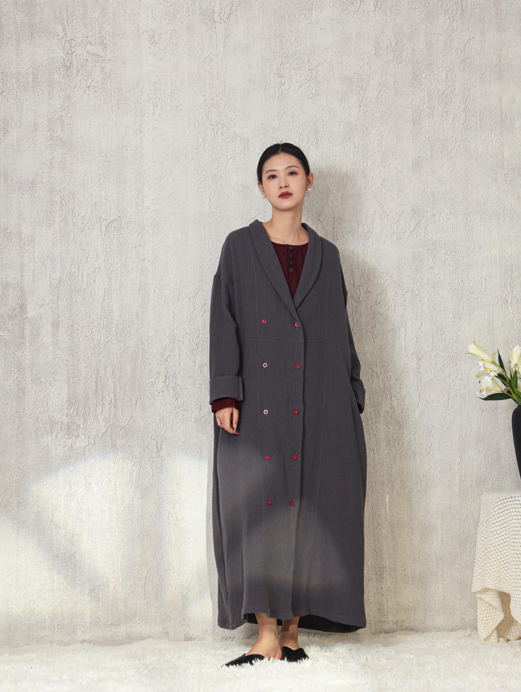 Custom Double-breasted Trench Coat Soft Heavy Linen Cotton Long Coat with Pockets Spring Fall Plus Size Coat Vintage Jacket M06
