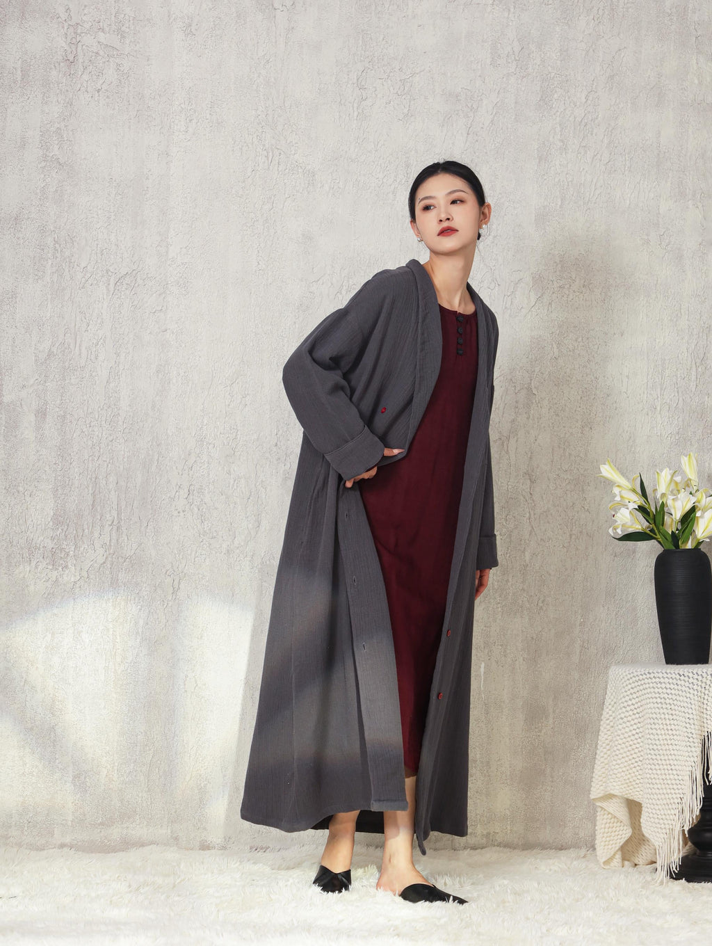 Custom Double-breasted Trench Coat Soft Heavy Linen Cotton Long Coat with Pockets Spring Fall Plus Size Coat Vintage Jacket M06