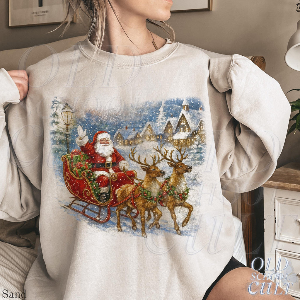 Retro Santa Sweatshirt, Vintage 90s Christmas Crewneck, Rustic Holiday Pullover, Cozy Winter Shirt, Santa Sleigh Sweater, Christmas Gifts