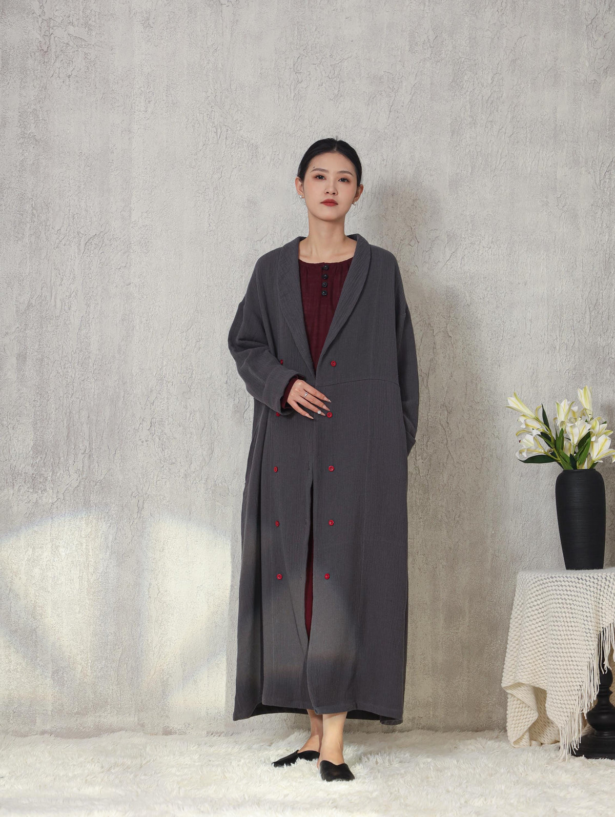Custom Double-breasted Trench Coat Soft Heavy Linen Cotton Long Coat with Pockets Spring Fall Plus Size Coat Vintage Jacket M06
