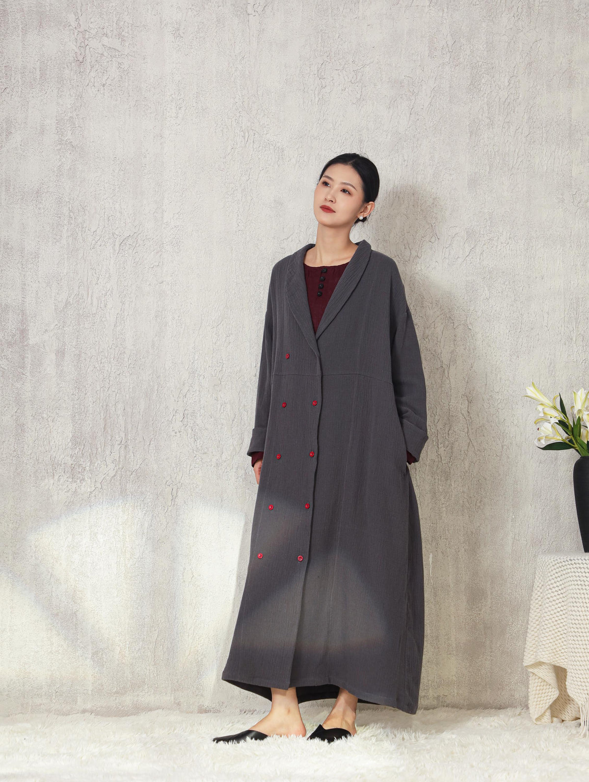 Custom Double-breasted Trench Coat Soft Heavy Linen Cotton Long Coat with Pockets Spring Fall Plus Size Coat Vintage Jacket M06