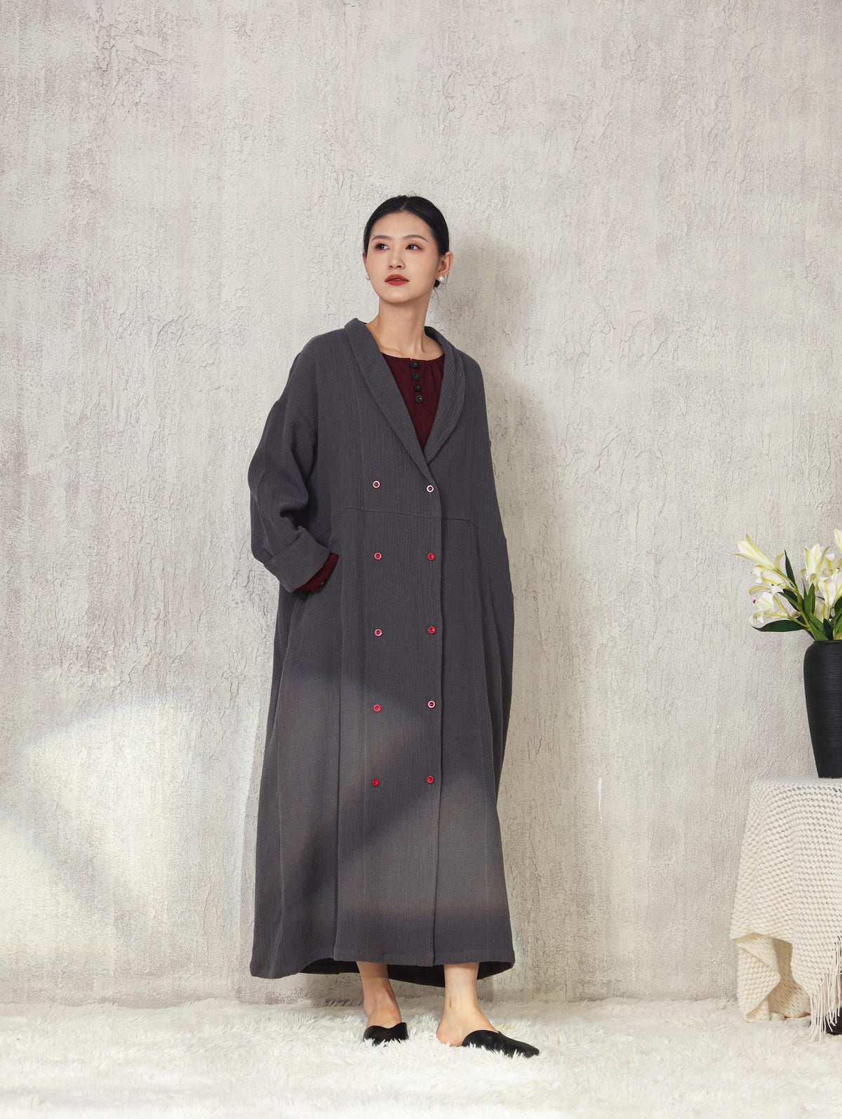 Custom Double-breasted Trench Coat Soft Heavy Linen Cotton Long Coat with Pockets Spring Fall Plus Size Coat Vintage Jacket M06
