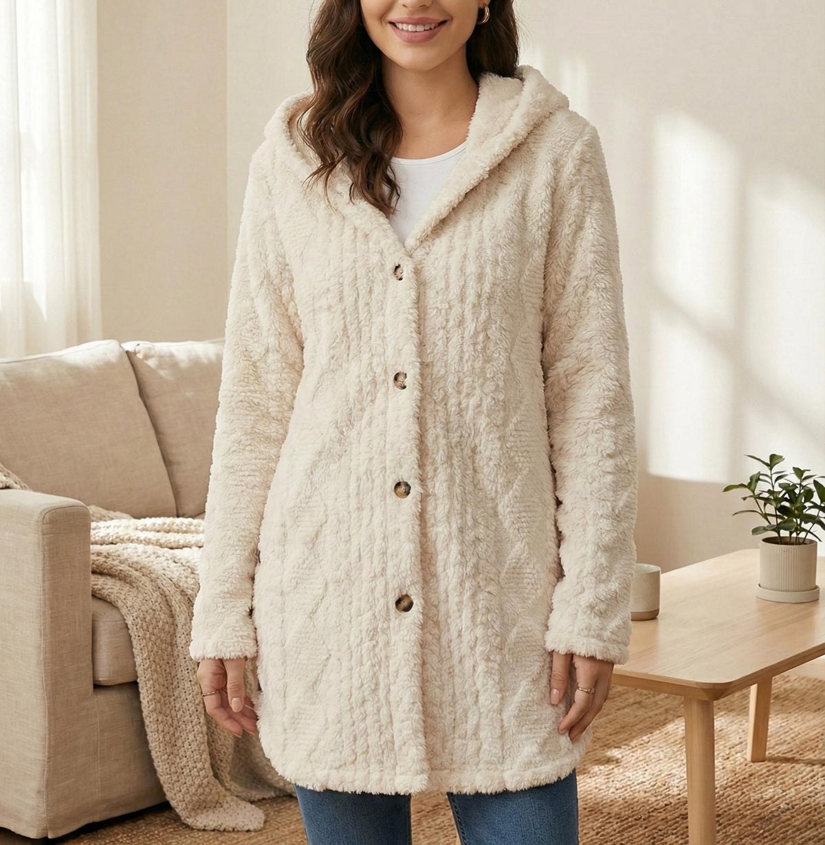 Oversized Hooded Coat | Cozy Button Up Cardigan | Minimalist Winter Jacket | Textured Button Down Sweater Coat