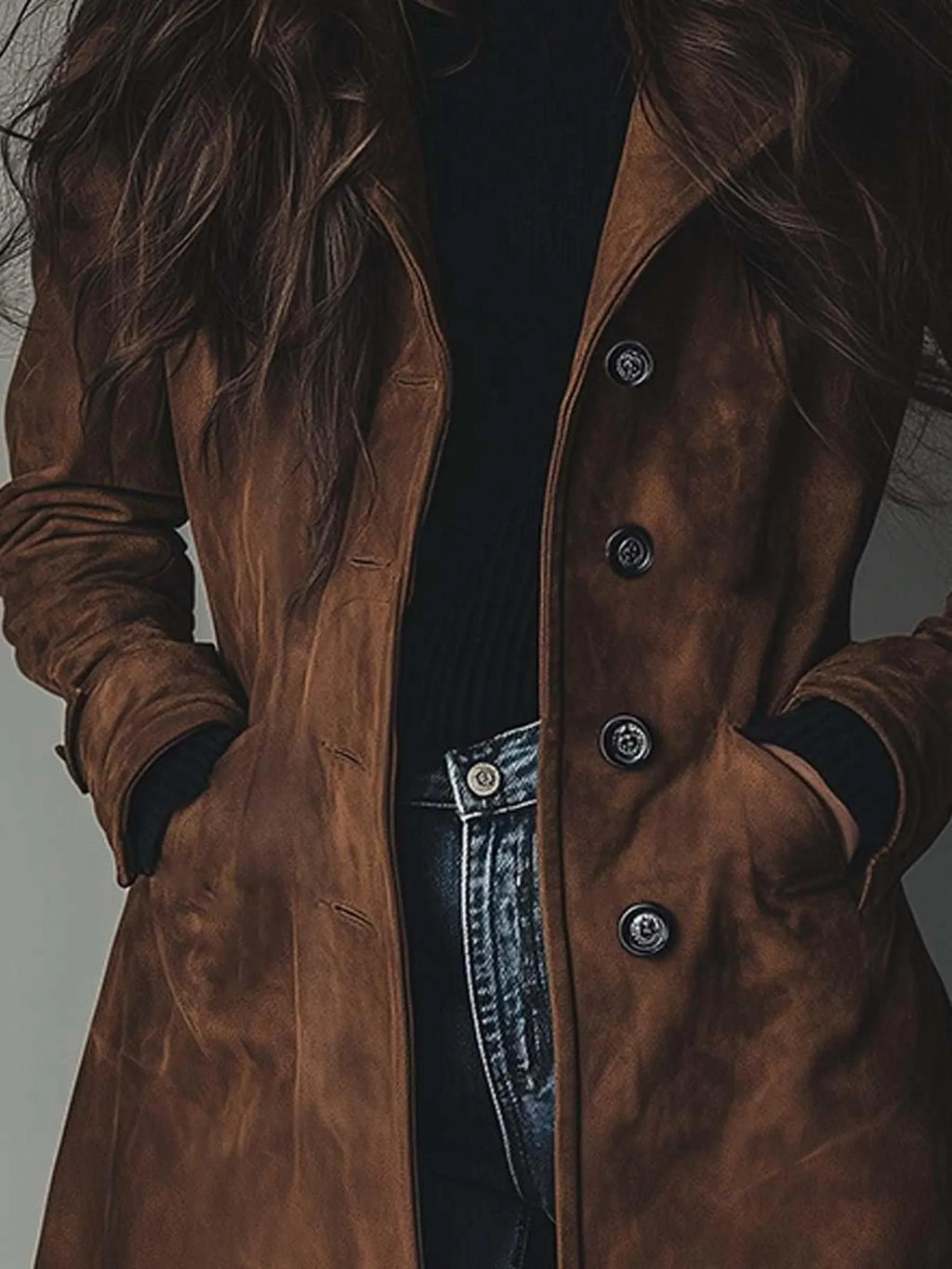Women's Vintage-Inspired Brown Real Suede Trench Coat handmade Long Button-Up Fall Jacket.