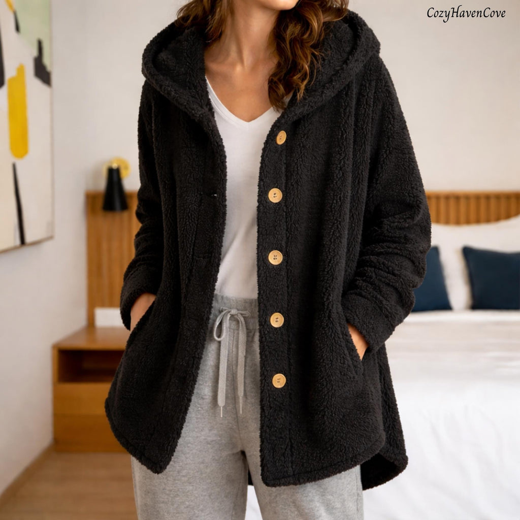 Women's Winter Coat, Hooded Cardigan Jacket, Plus Size Button Front Outerwear, Beige Grey Black Long Sleeve Hoodie
