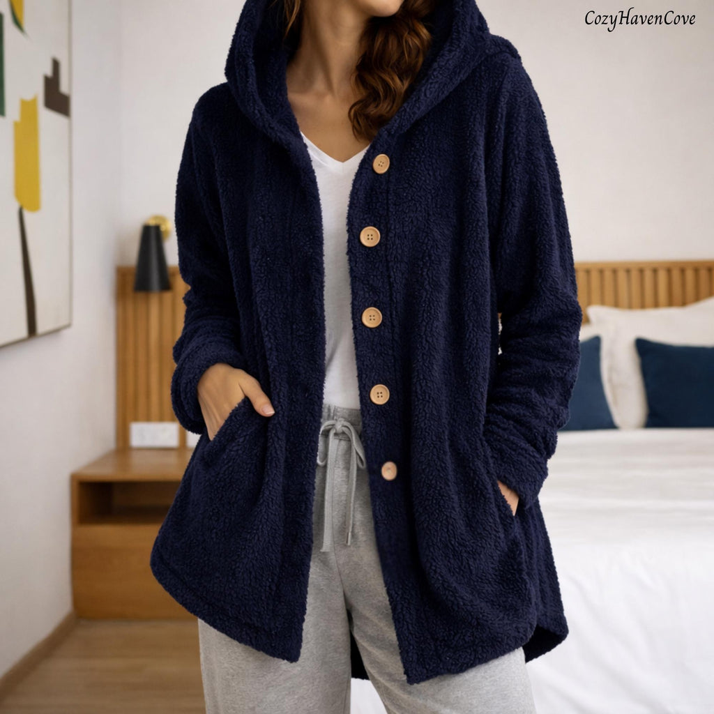 Women's Winter Coat, Hooded Cardigan Jacket, Plus Size Button Front Outerwear, Beige Grey Black Long Sleeve Hoodie