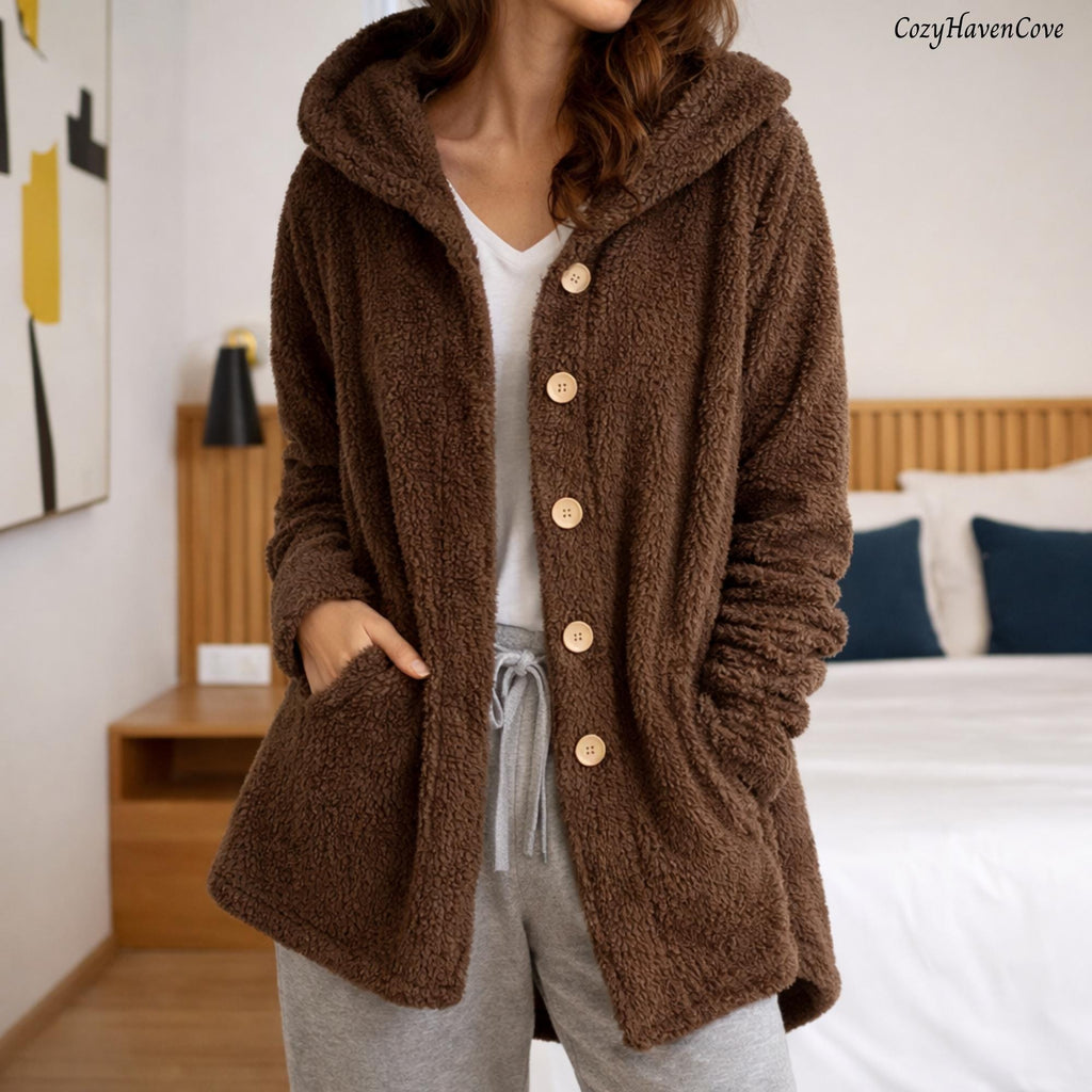 Women's Winter Coat, Hooded Cardigan Jacket, Plus Size Button Front Outerwear, Beige Grey Black Long Sleeve Hoodie