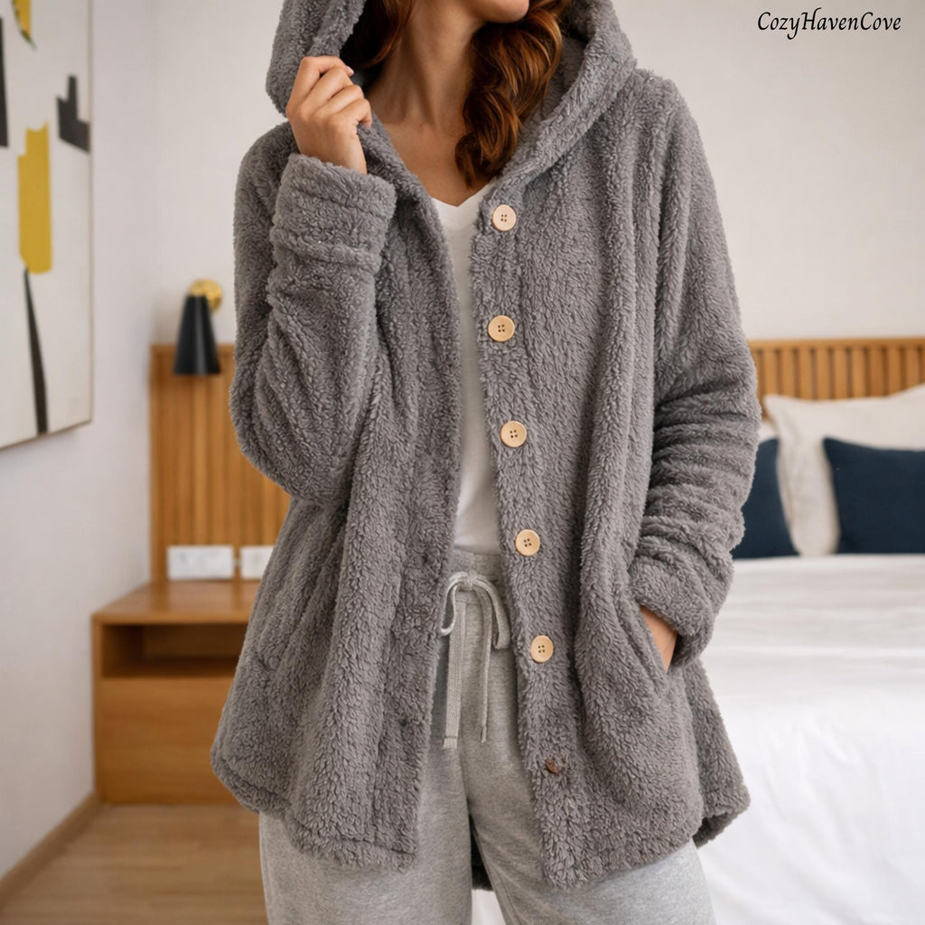 Women's Winter Coat, Hooded Cardigan Jacket, Plus Size Button Front Outerwear, Beige Grey Black Long Sleeve Hoodie