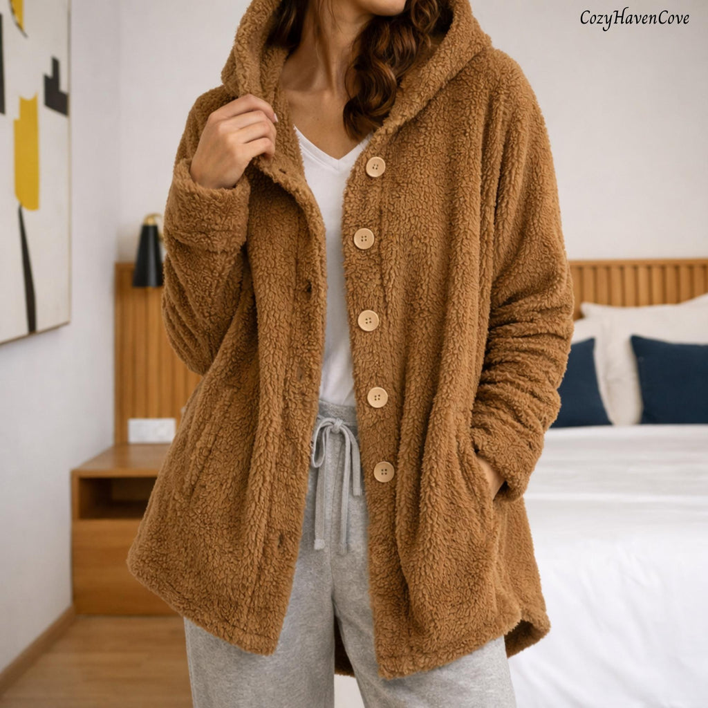 Women's Winter Coat, Hooded Cardigan Jacket, Plus Size Button Front Outerwear, Beige Grey Black Long Sleeve Hoodie
