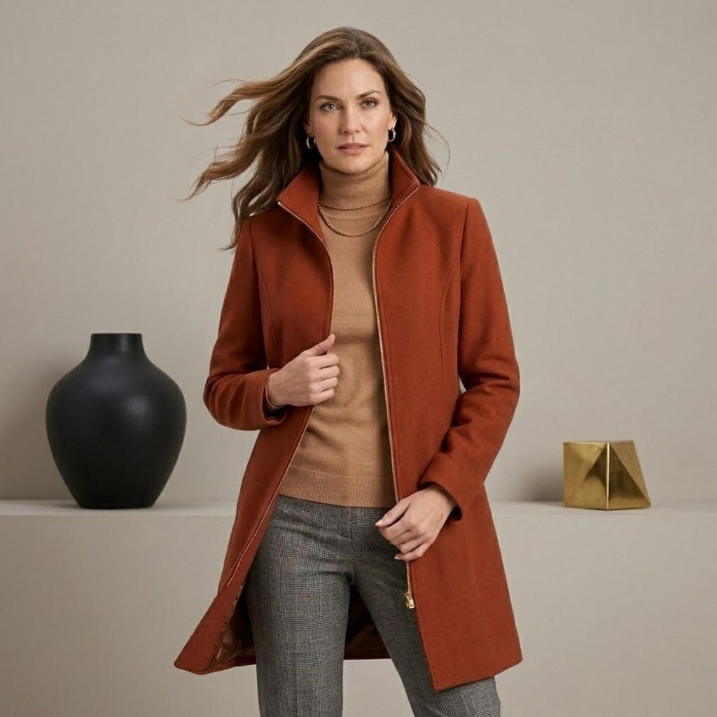 Women's Burnt Orange Wool Blend Coat - Tailored Zip-Up Autumn Winter Jacket