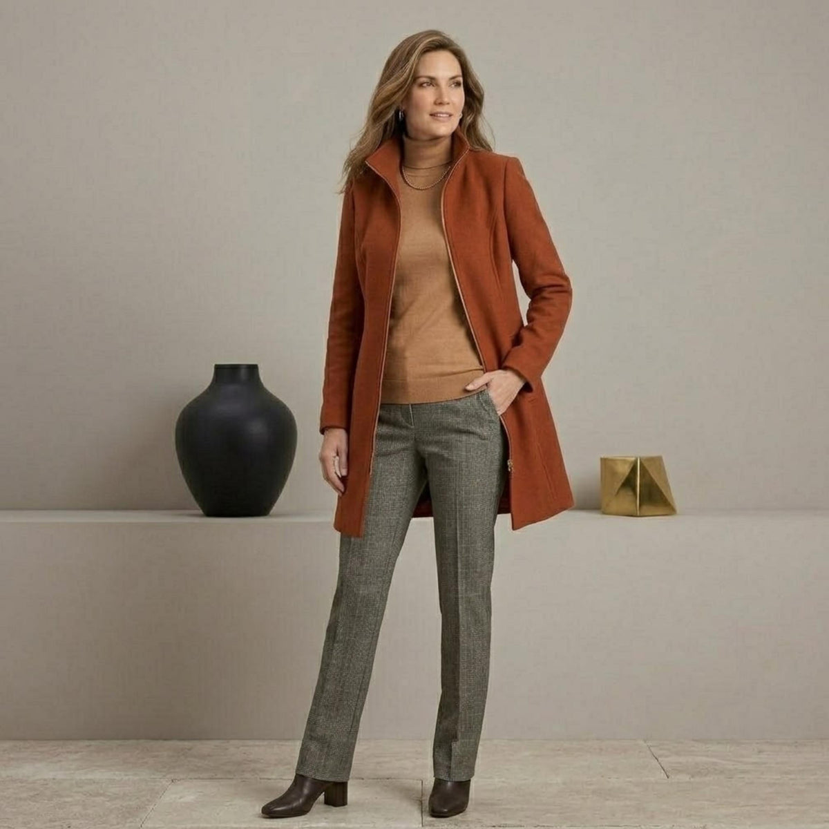 Women's Burnt Orange Wool Blend Coat - Tailored Zip-Up Autumn Winter Jacket