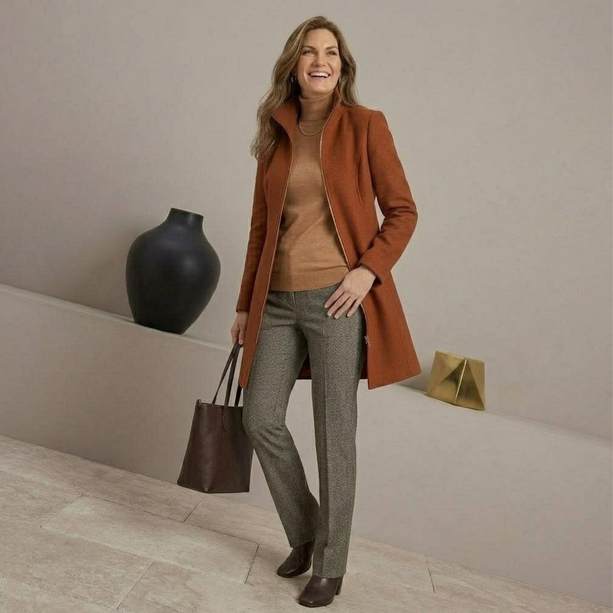 Women's Burnt Orange Wool Blend Coat - Tailored Zip-Up Autumn Winter Jacket