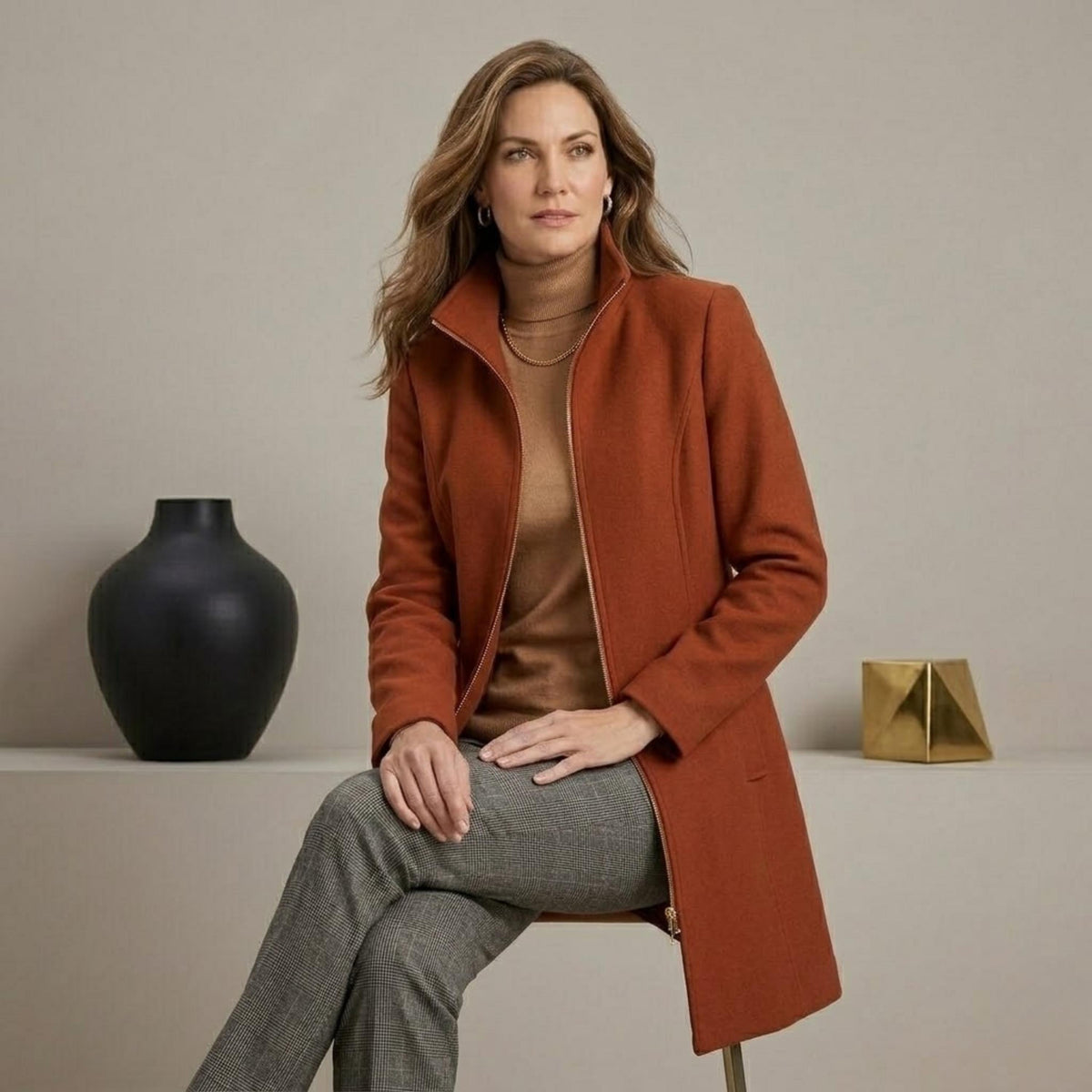 Women's Burnt Orange Wool Blend Coat - Tailored Zip-Up Autumn Winter Jacket