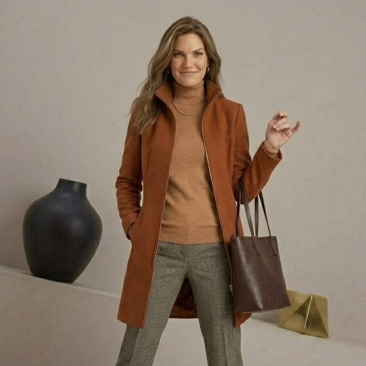 Women's Burnt Orange Wool Blend Coat - Tailored Zip-Up Autumn Winter Jacket