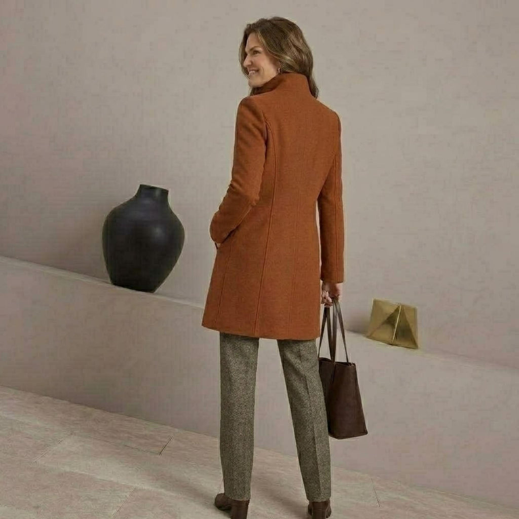 Women's Burnt Orange Wool Blend Coat - Tailored Zip-Up Autumn Winter Jacket