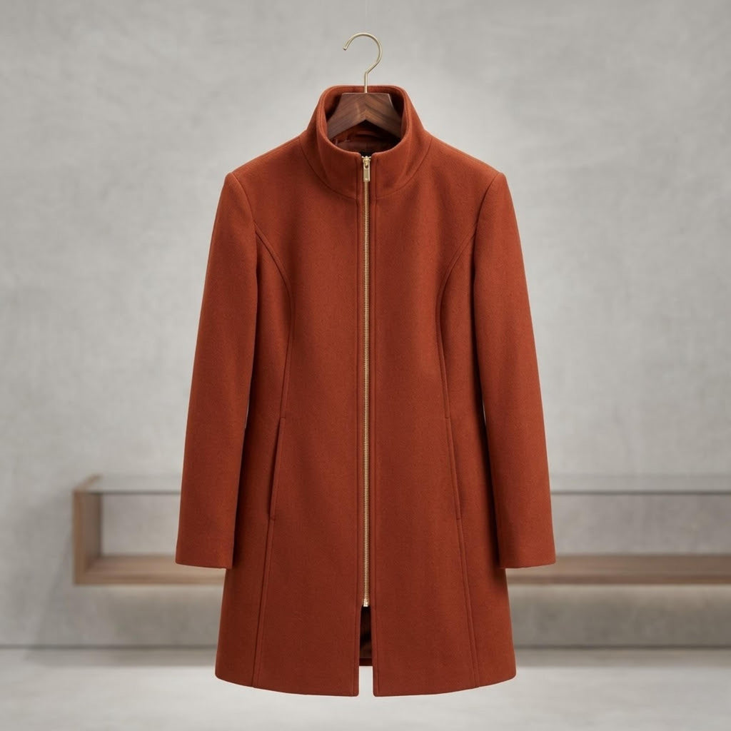 Women's Burnt Orange Wool Blend Coat - Tailored Zip-Up Autumn Winter Jacket