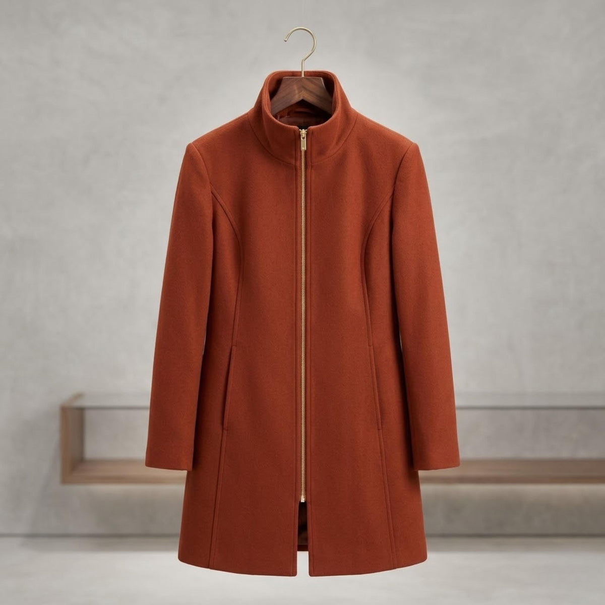 Women's Burnt Orange Wool Blend Coat - Tailored Zip-Up Autumn Winter Jacket