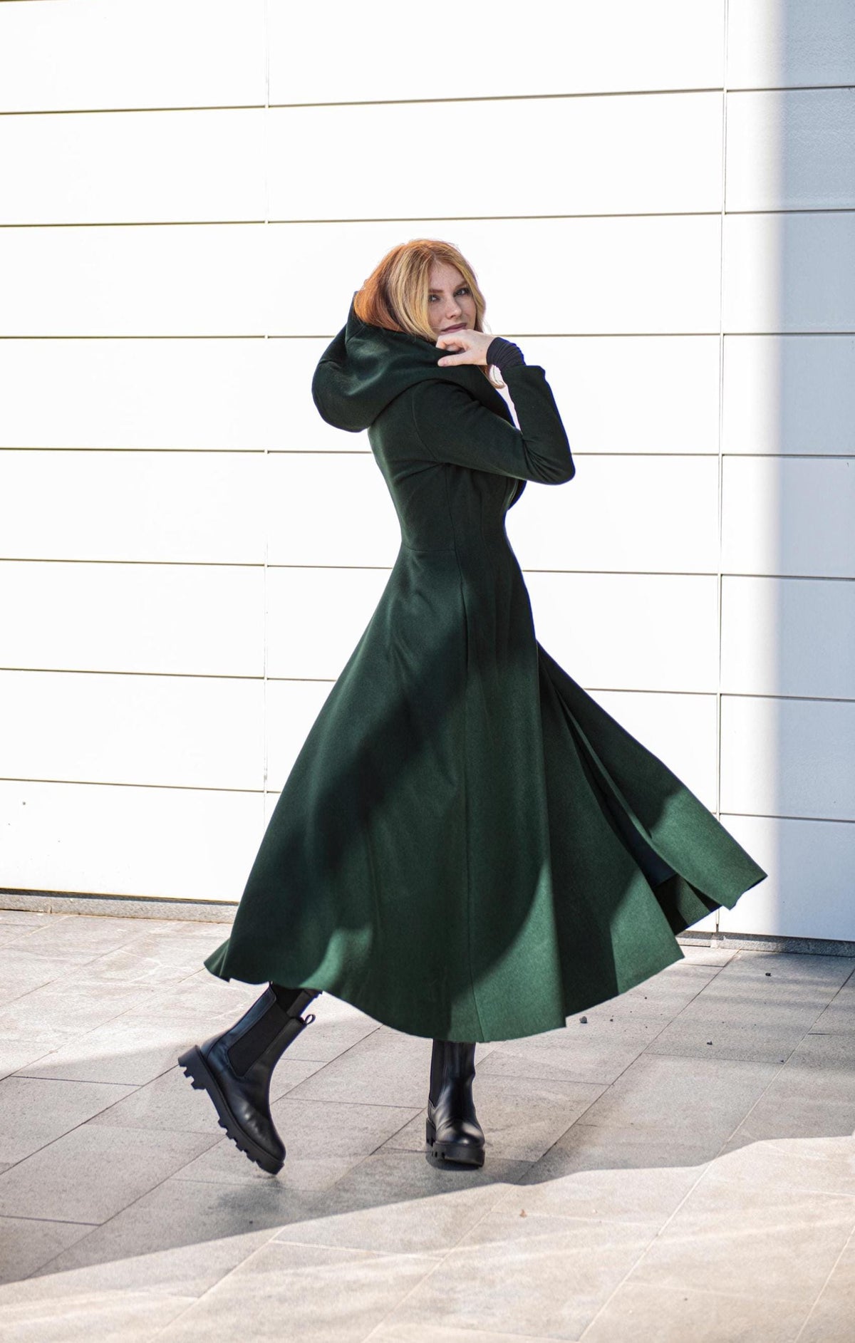 Long Wool Coat for Women - Hooded, Belted, Pockets, Lining, Winter Clothing