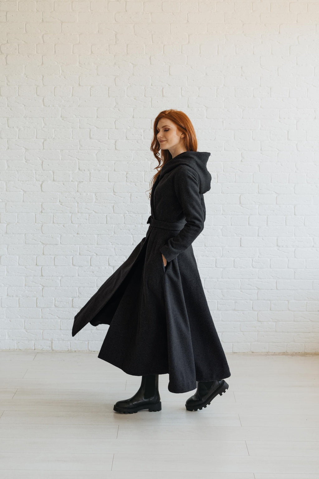 Long Wool Coat for Women - Hooded, Belted, Pockets, Lining, Winter Clothing