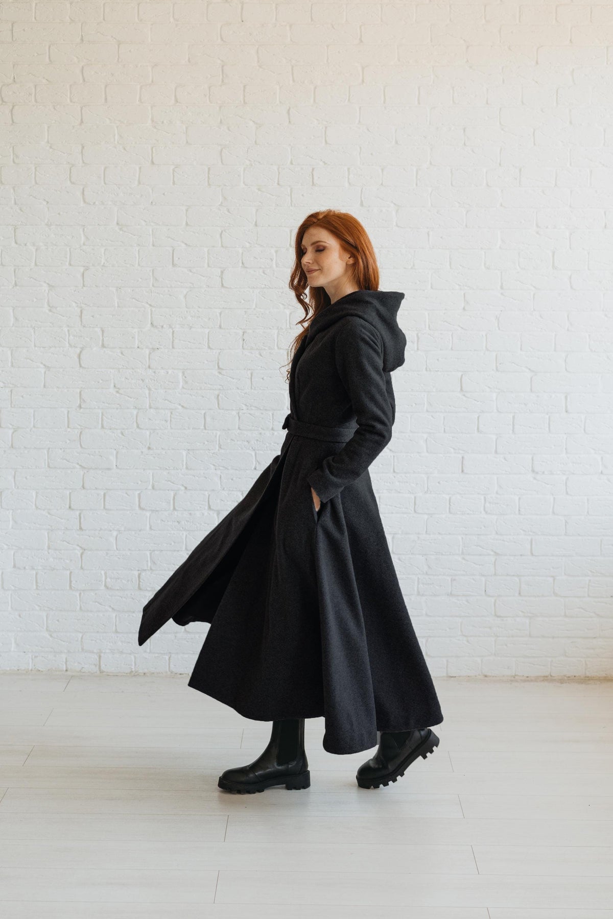 Long Wool Coat for Women - Hooded, Belted, Pockets, Lining, Winter Clothing