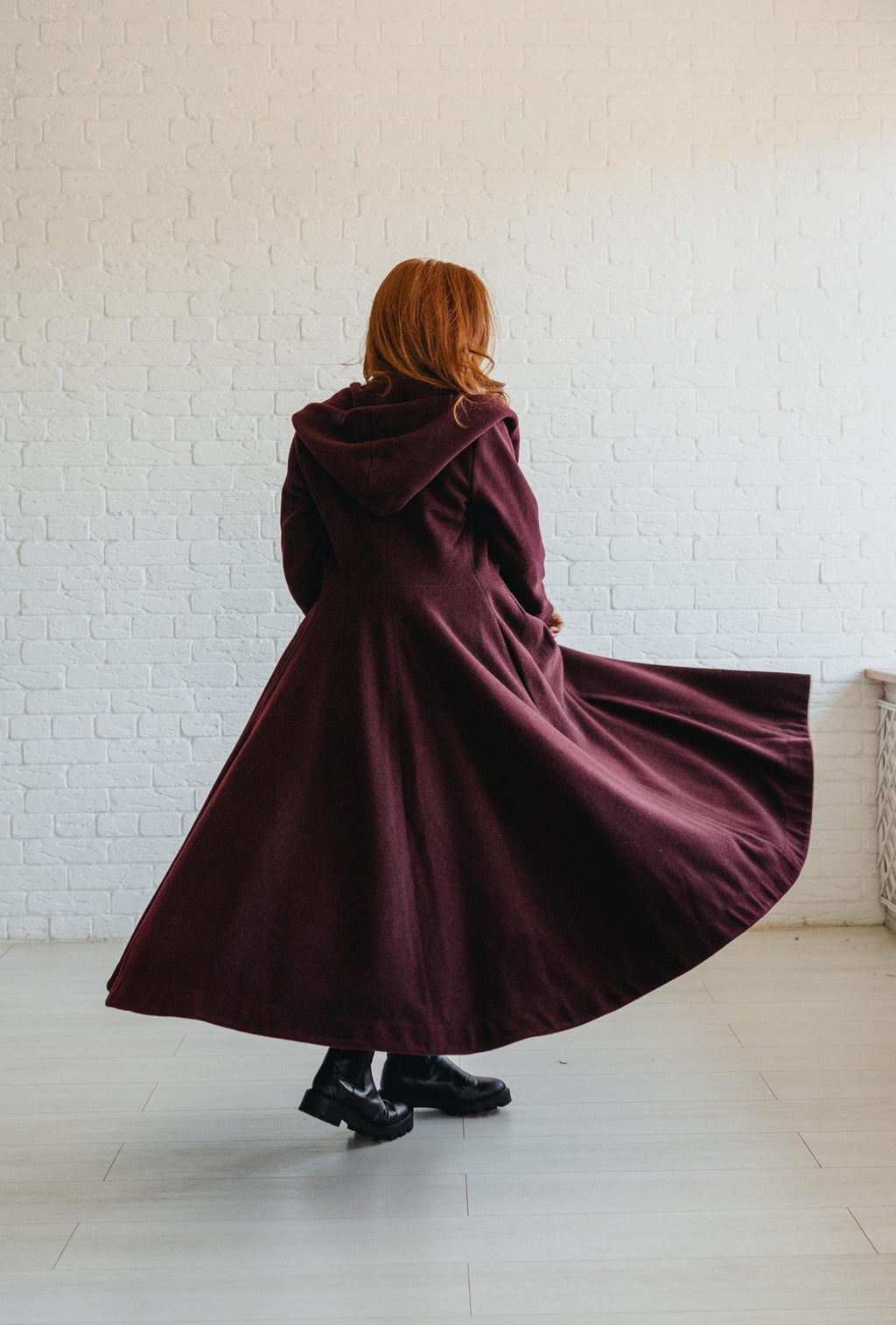 Long Wool Coat for Women - Hooded, Belted, Pockets, Lining, Winter Clothing