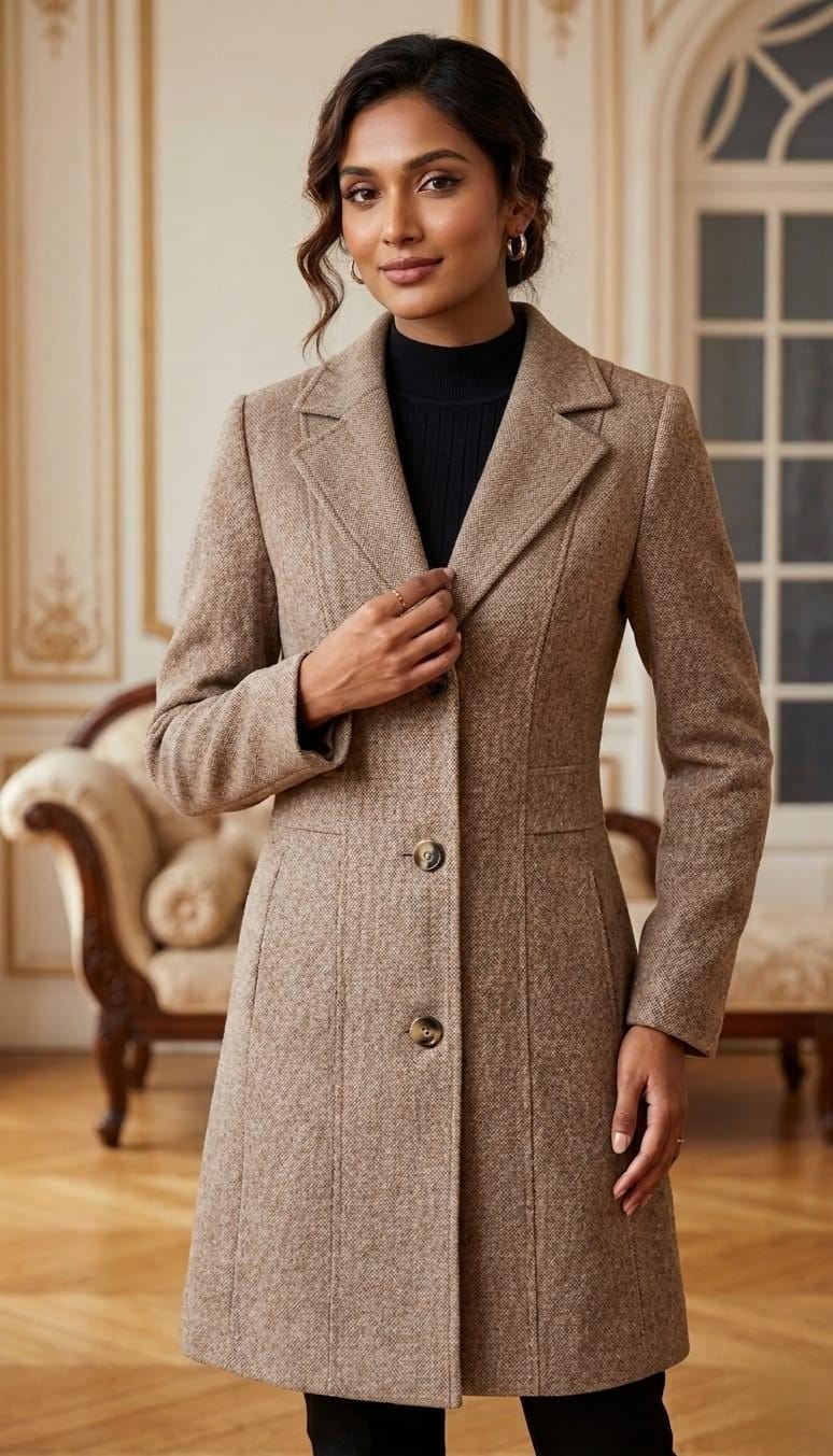 Women's Slim Fit Wool Blend Trench Coat, Brown Longline Winter Overcoat, Elegant Formal Jacket