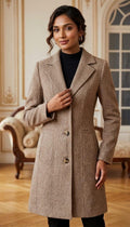 Women's Slim Fit Wool Blend Trench Coat, Brown Longline Winter Overcoat, Elegant Formal Jacket