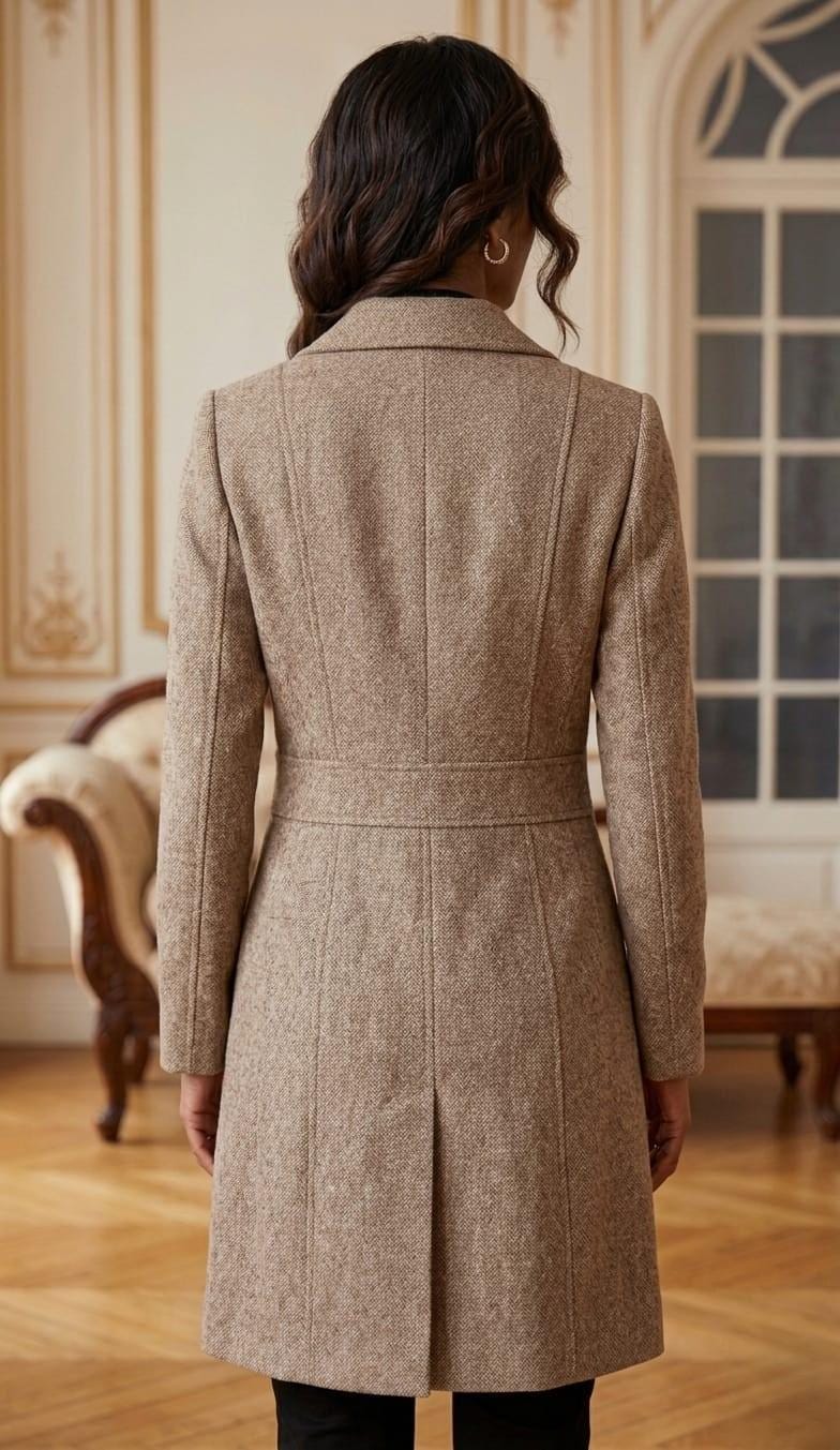 Women's Slim Fit Wool Blend Trench Coat, Brown Longline Winter Overcoat, Elegant Formal Jacket
