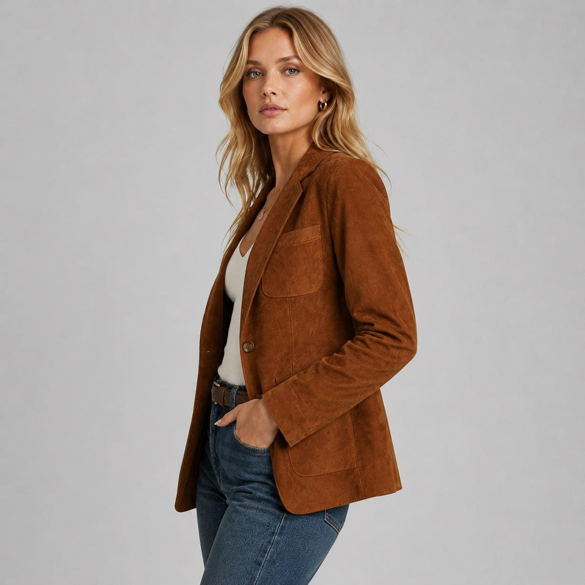 Vintage Brown Suede Blazer Women, Genuine Leather Jacket, Western Boho Blazer, Classic Tailored Coat, Fall Fashion Gift For Her