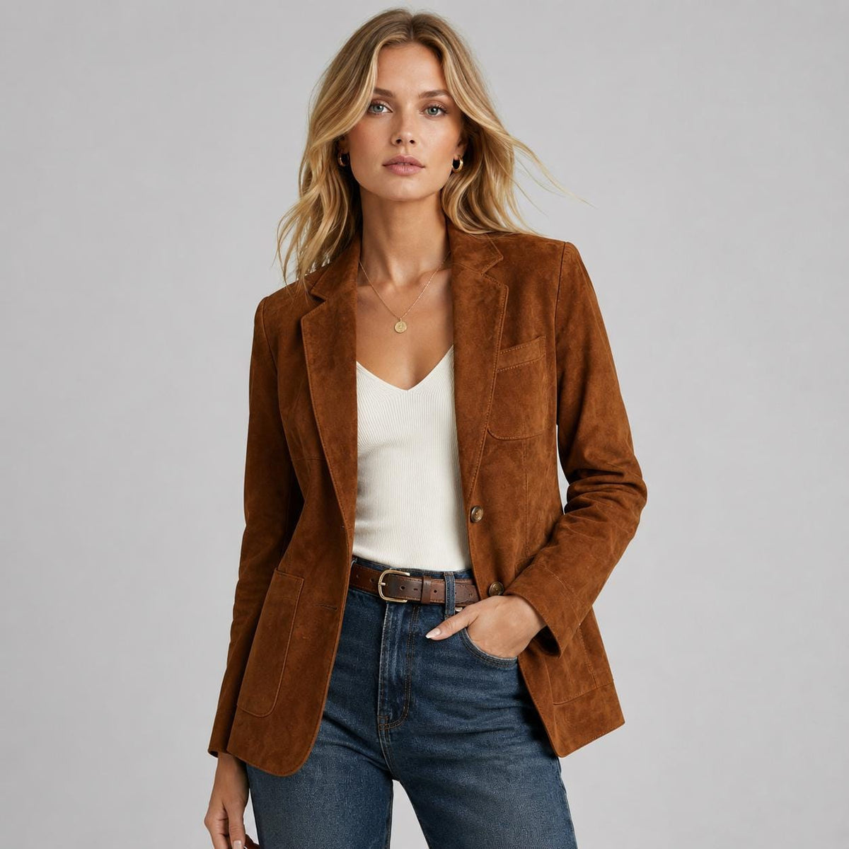 Vintage Brown Suede Blazer Women, Genuine Leather Jacket, Western Boho Blazer, Classic Tailored Coat, Fall Fashion Gift For Her