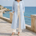 Sky Blue Linen Blend Duster Coat Long Sleeve Button Front Jacket With Pockets Coastal Fall Layer Custom Plus Size Outerwear