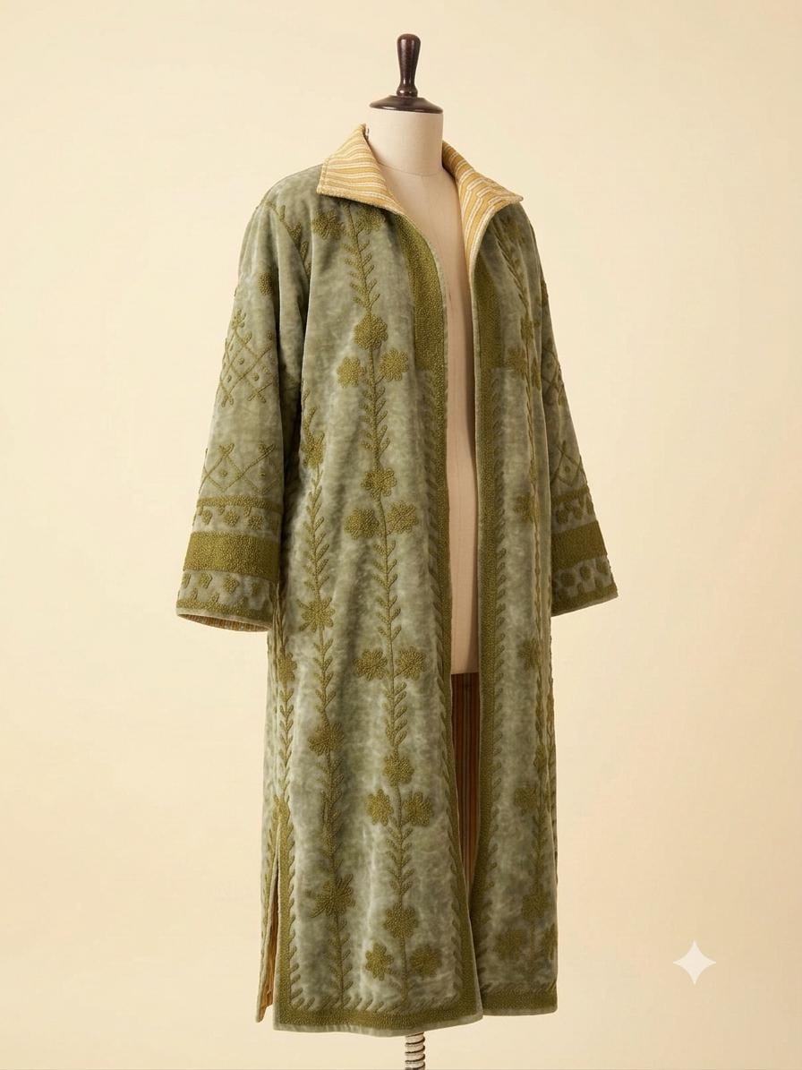 Handmade Green Embroidered Velvet Coat with Gold Accents - Elegant Women's Outerwear for Fall & Winter