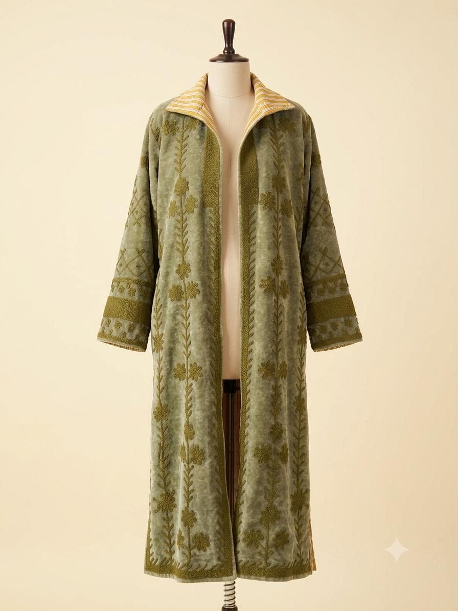 Handmade Green Embroidered Velvet Coat with Gold Accents - Elegant Women's Outerwear for Fall & Winter