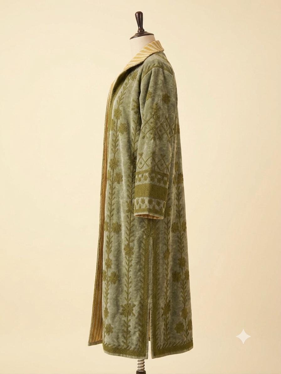 Handmade Green Embroidered Velvet Coat with Gold Accents - Elegant Women's Outerwear for Fall & Winter