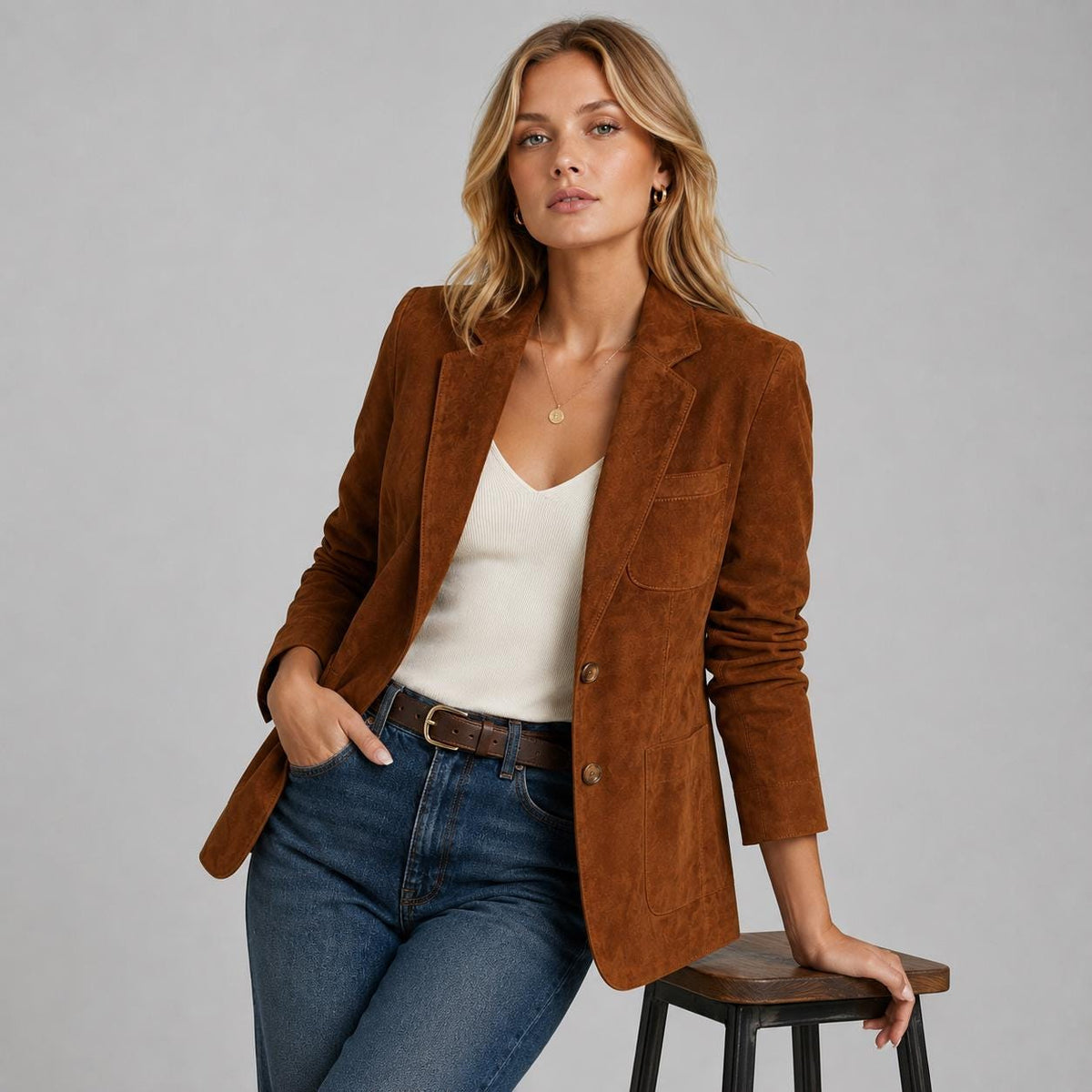 Vintage Brown Suede Blazer Women, Genuine Leather Jacket, Western Boho Blazer, Classic Tailored Coat, Fall Fashion Gift For Her