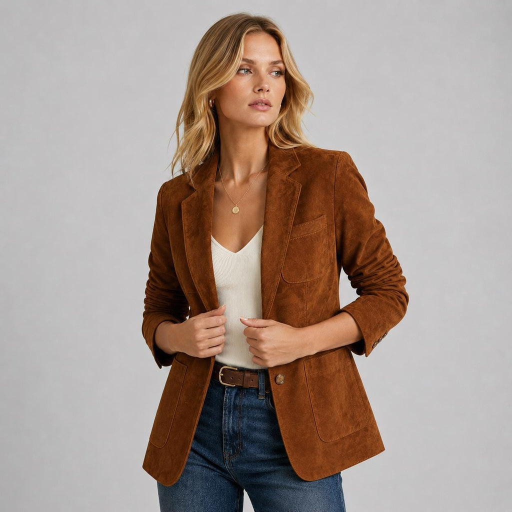 Vintage Brown Suede Blazer Women, Genuine Leather Jacket, Western Boho Blazer, Classic Tailored Coat, Fall Fashion Gift For Her