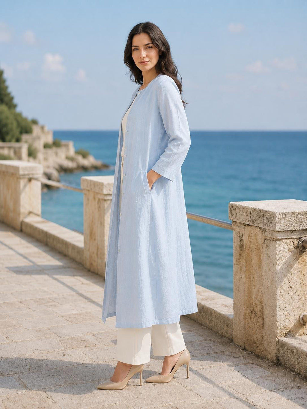 Sky Blue Linen Blend Duster Coat Long Sleeve Button Front Jacket With Pockets Coastal Fall Layer Custom Plus Size Outerwear