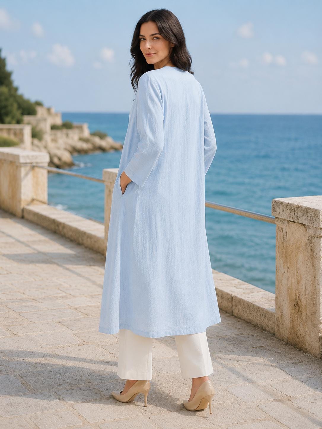 Sky Blue Linen Blend Duster Coat Long Sleeve Button Front Jacket With Pockets Coastal Fall Layer Custom Plus Size Outerwear