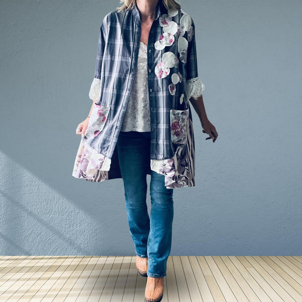 Upcycled Plaid Tunic Jacket with Floral Lace Cuffs – Prairie Art Wear Swing Coat XL 1X 'KENDALL'
