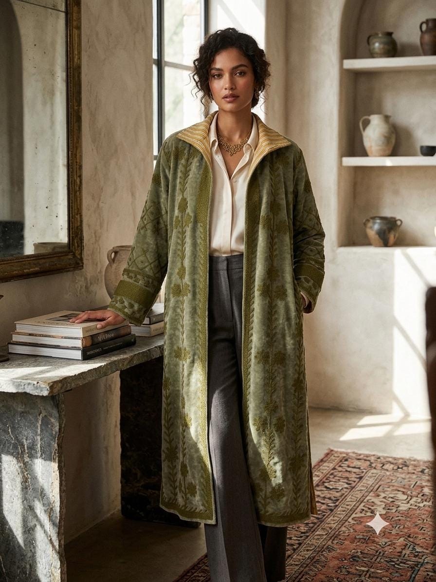 Handmade Green Embroidered Velvet Coat with Gold Accents - Elegant Women's Outerwear for Fall & Winter
