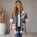 Upcycled Plaid Tunic Jacket with Floral Lace Cuffs – Prairie Art Wear Swing Coat XL 1X 'KENDALL'