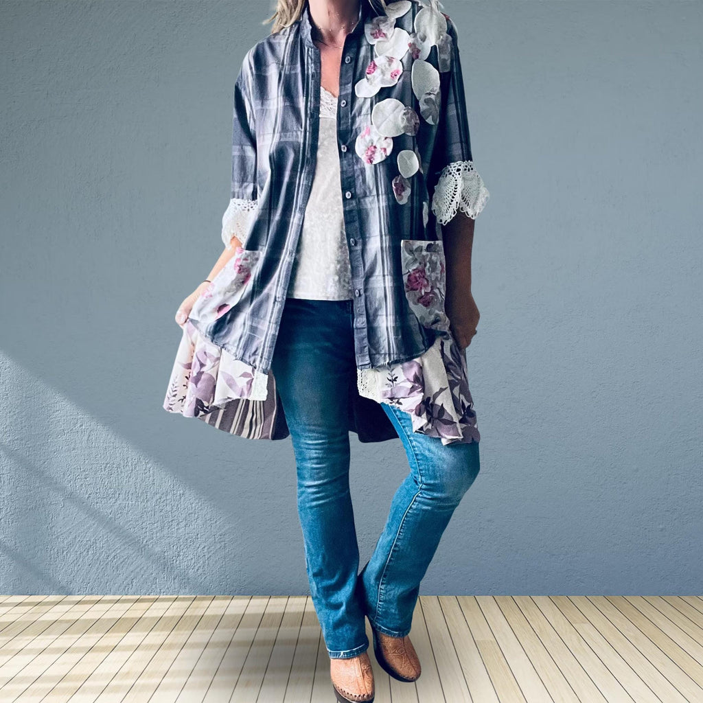 Upcycled Plaid Tunic Jacket with Floral Lace Cuffs – Prairie Art Wear Swing Coat XL 1X 'KENDALL'