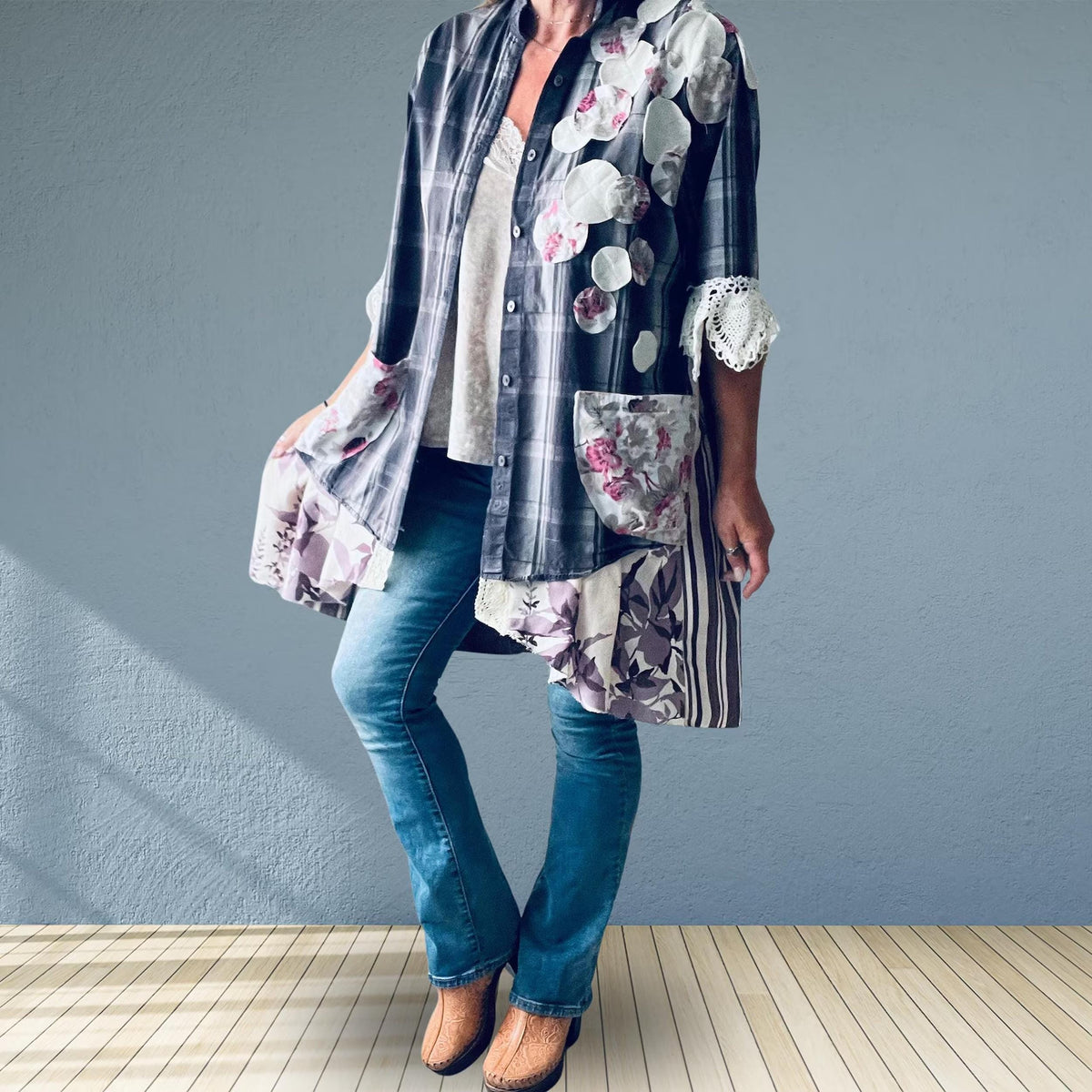 Upcycled Plaid Tunic Jacket with Floral Lace Cuffs – Prairie Art Wear Swing Coat XL 1X 'KENDALL'