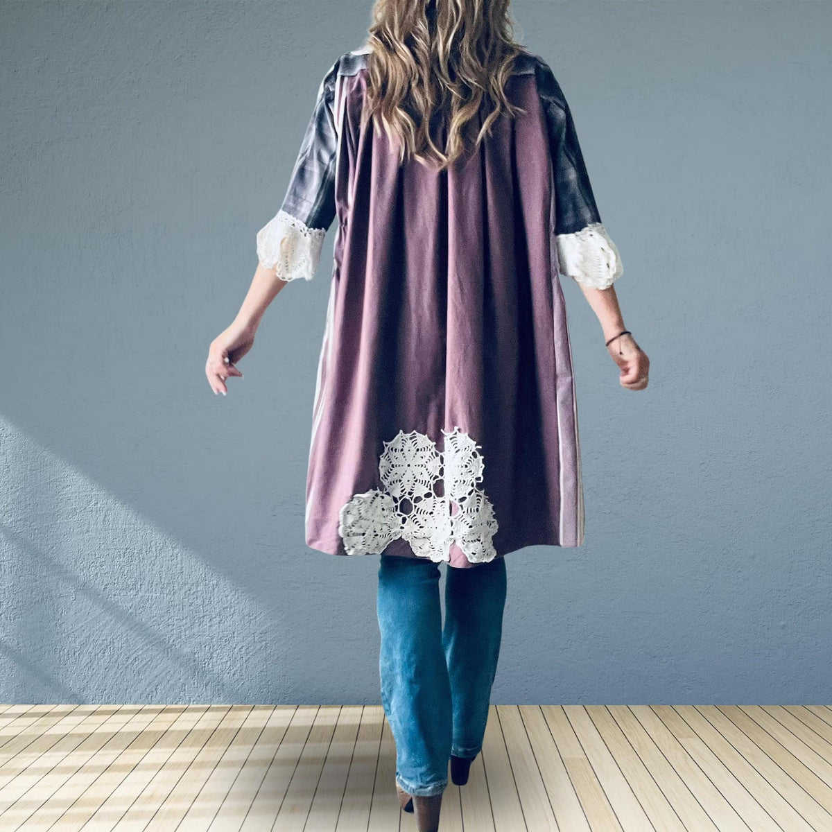 Upcycled Plaid Tunic Jacket with Floral Lace Cuffs – Prairie Art Wear Swing Coat XL 1X 'KENDALL'